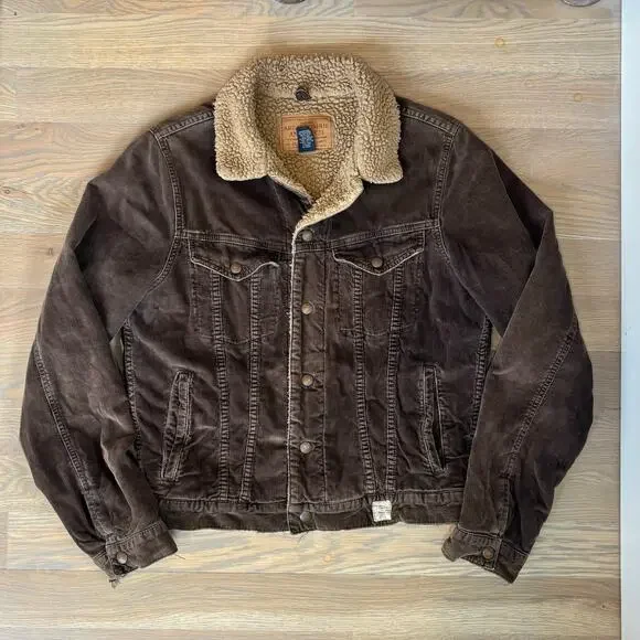 VTG 90s Abercrombie Fitch Corduroy Trucker Jacket Sherpa Lined Brown Men Medium - Picture 11 of 11